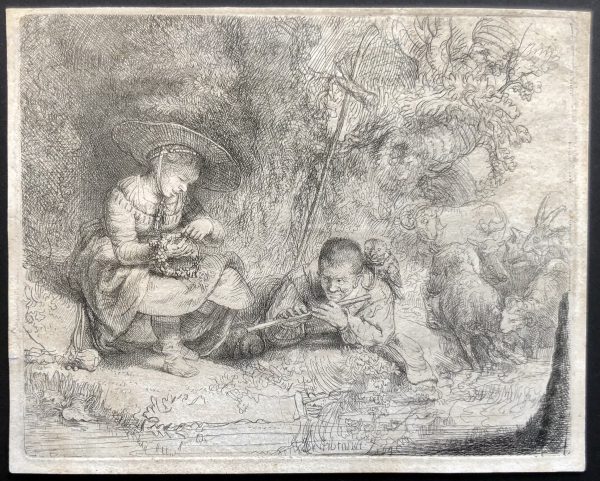 REMBRANDT HARMENSZOON VAN RIJN [REMBRANDT], “THE FLUTE-PLAYER” (HET UYLENSPIEGELTJE), 1642, Etching and drypoint.